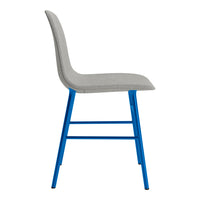 Gray upholstered chair with vibrant blue metal legs, featuring a smooth modern design. Perfect for contemporary spaces.