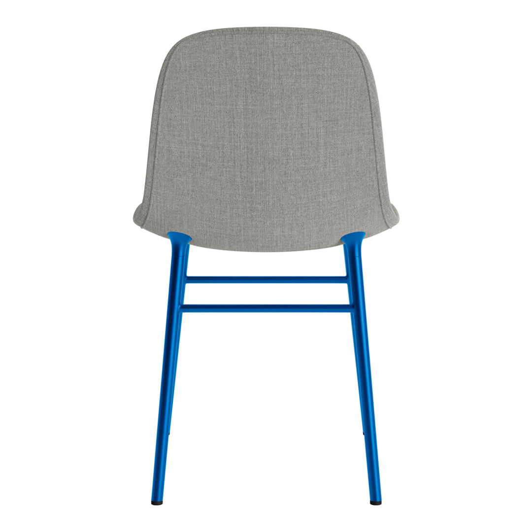 Gray upholstered chair with a sleek, modern design and vibrant blue metal legs. Perfect for contemporary spaces.