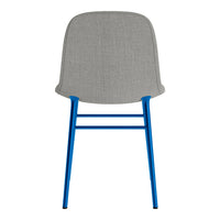 Gray upholstered chair with a sleek, modern design and vibrant blue metal legs. Perfect for contemporary spaces.