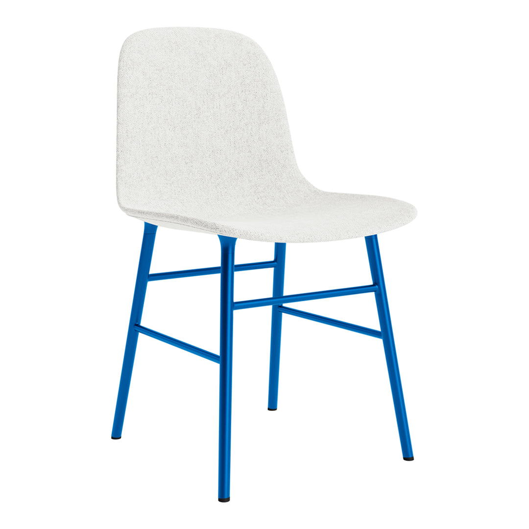 Modern chair with a textured white seat and vibrant blue metal legs, perfect for stylish interior decor.