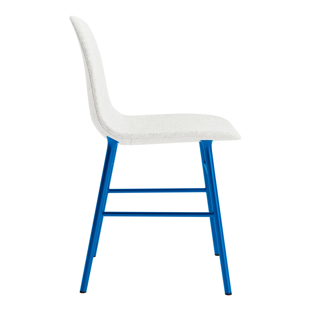 White upholstered chair with a vibrant blue metal frame and sleek, minimalist design. Perfect for modern spaces.