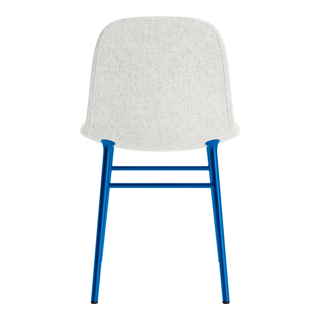 White upholstered chair with a smooth, textured finish and vibrant blue metal legs.