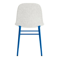 White upholstered chair with a smooth, textured finish and vibrant blue metal legs.