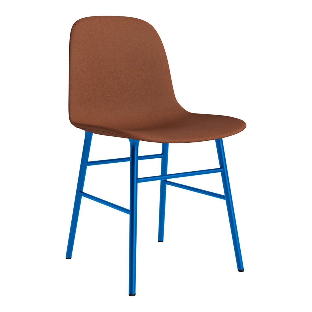 Brown chair with a smooth finish and vibrant blue metal legs, ideal for modern decor.