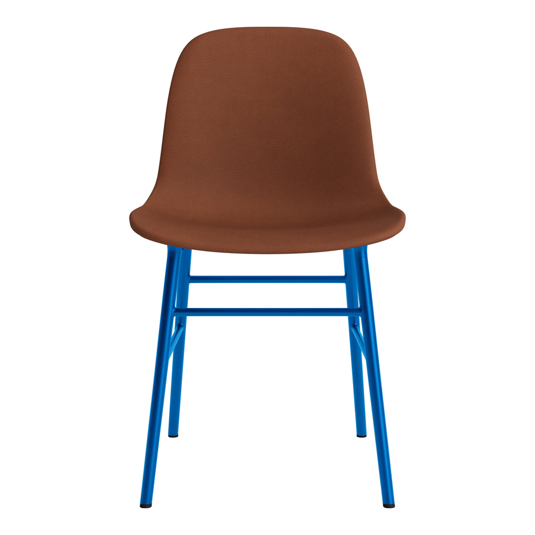 Brown upholstered chair with a sleek blue metal frame, perfect for modern decor.