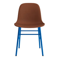 Brown upholstered chair with a sleek blue metal frame, perfect for modern decor.