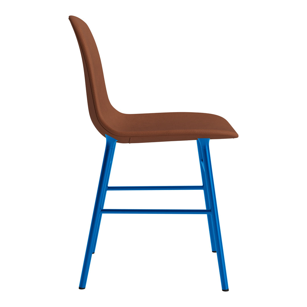 Brown cushioned seat with a vibrant blue metal frame, showcasing a sleek and modern design.