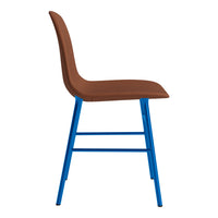 Brown cushioned seat with a vibrant blue metal frame, showcasing a sleek and modern design.