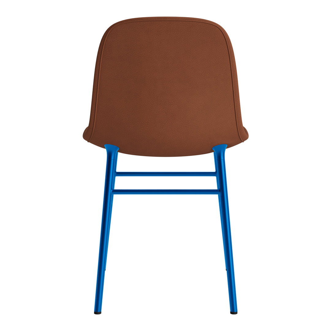 Brown chair with smooth curves and vibrant blue legs, featuring a minimalist design perfect for modern decor.