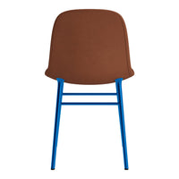 Brown chair with smooth curves and vibrant blue legs, featuring a minimalist design perfect for modern decor.