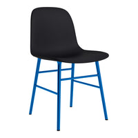 Black chair with a smooth, curved seat and vibrant blue metal legs, showcasing a modern, minimalist design.