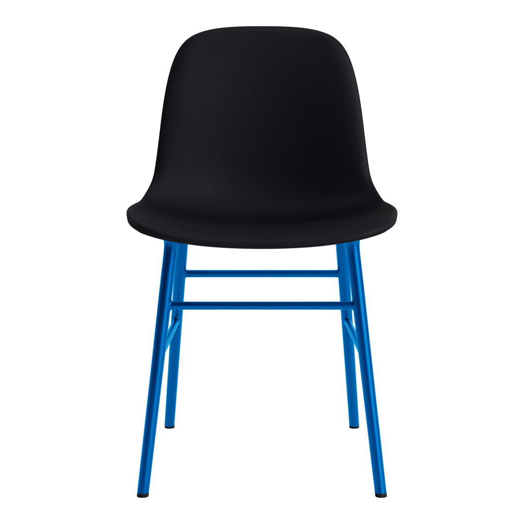 Black chair with a smooth curved seat and vibrant blue metal legs, featuring a sleek, modern design.