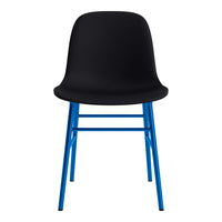 Black chair with a smooth curved seat and vibrant blue metal legs, featuring a sleek, modern design.