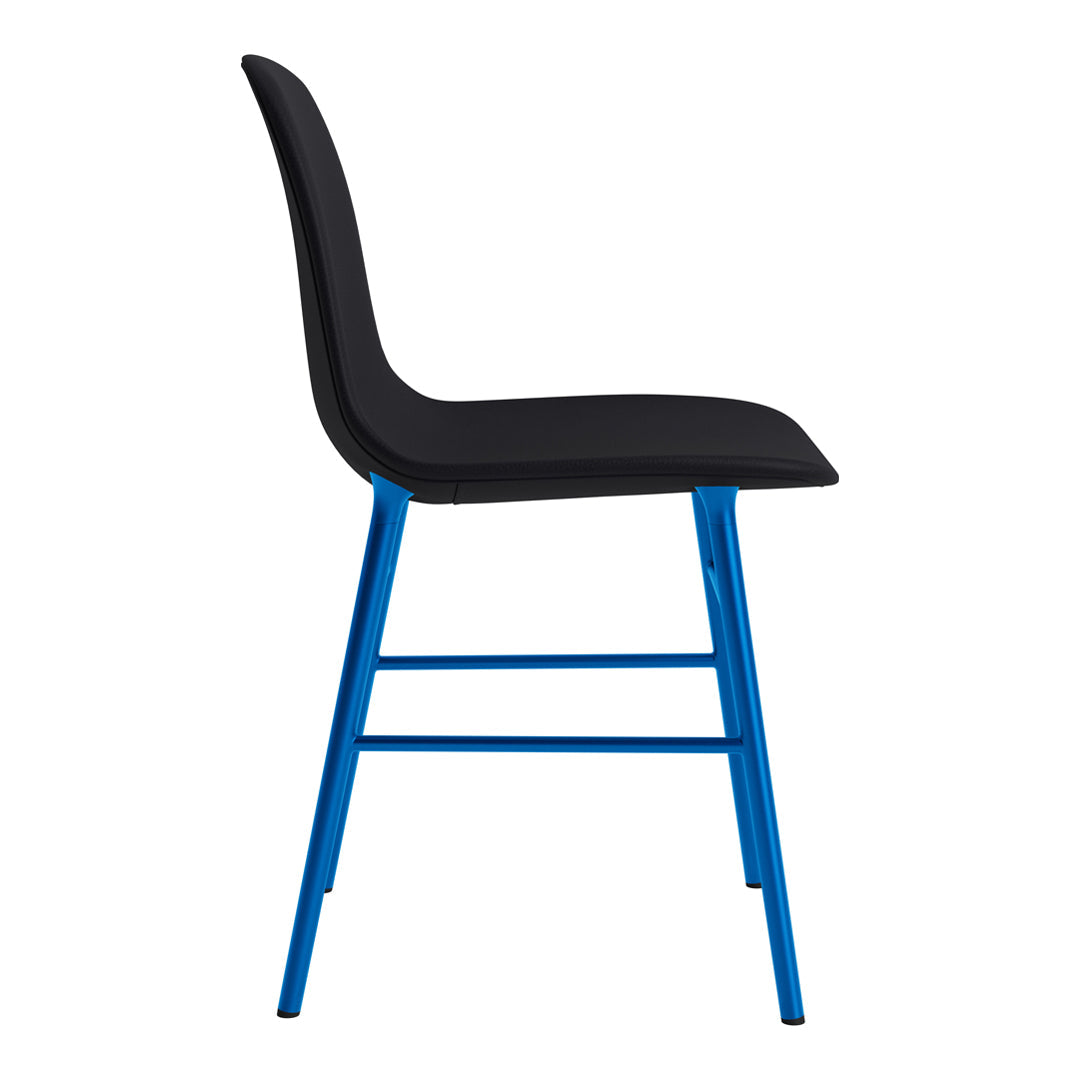 Black upholstered chair with a sleek design and vibrant blue metal legs. Perfect for modern decor.