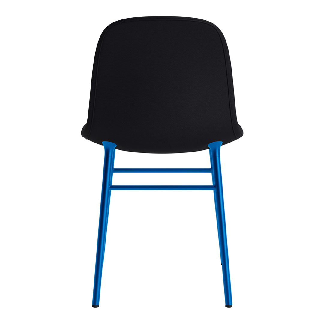 Black chair with a sleek design and vibrant blue metal legs, perfect for modern decor.