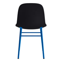 Black chair with a sleek design and vibrant blue metal legs, perfect for modern decor.