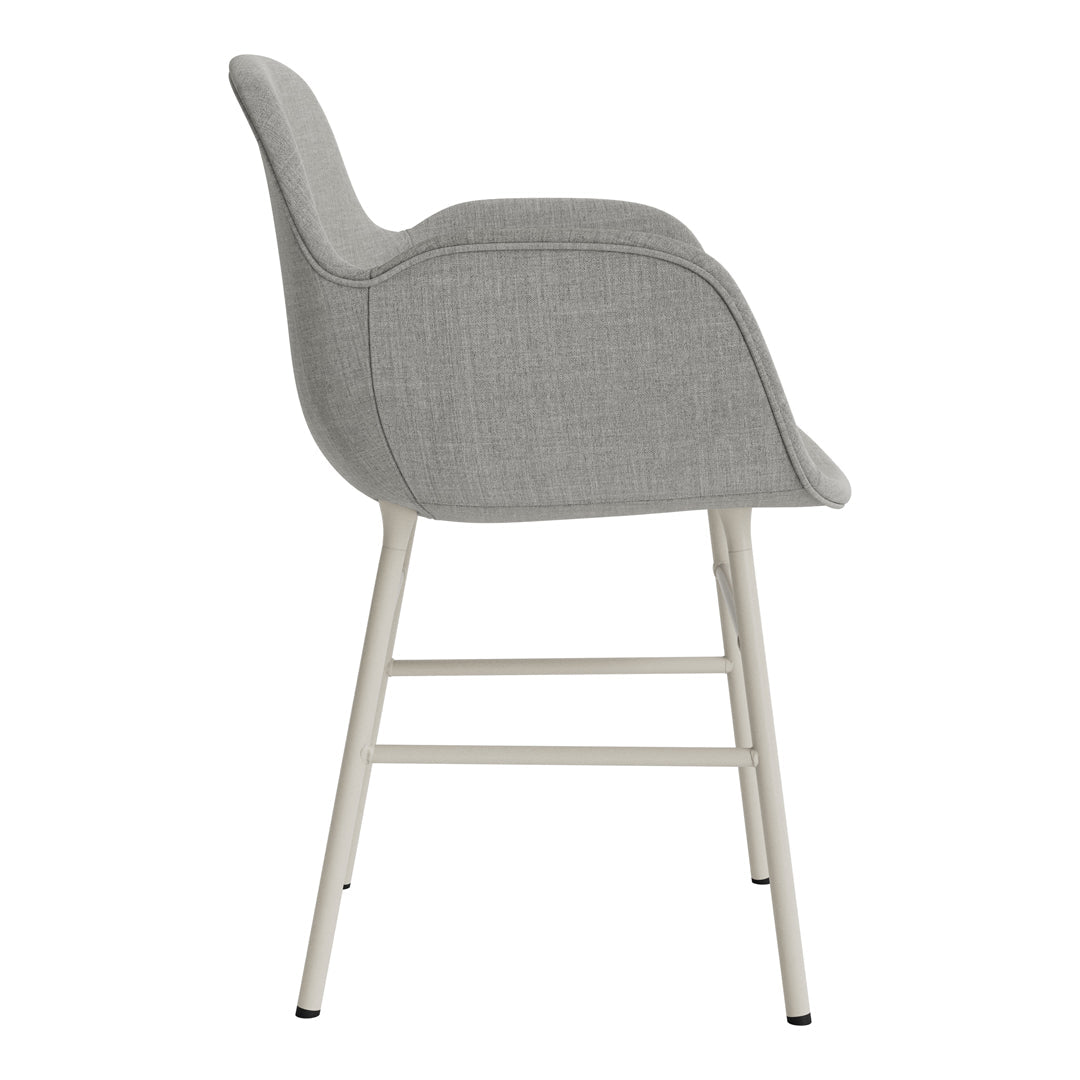 Gray upholstered chair with a smooth texture and minimalist white metal legs, showcasing a modern design.