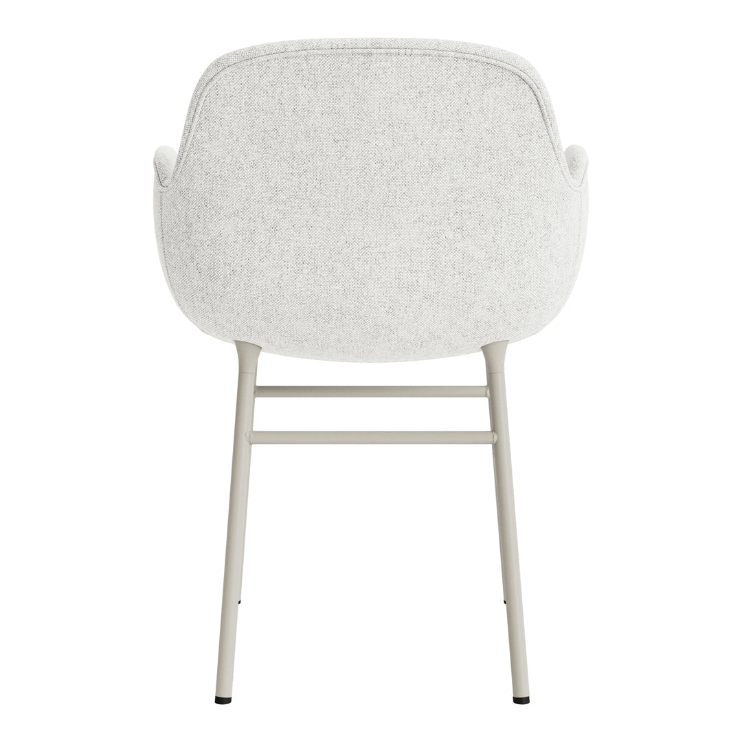 Light gray upholstered chair with a smooth, minimalist design and subtle texture. Metal legs in neutral tones.