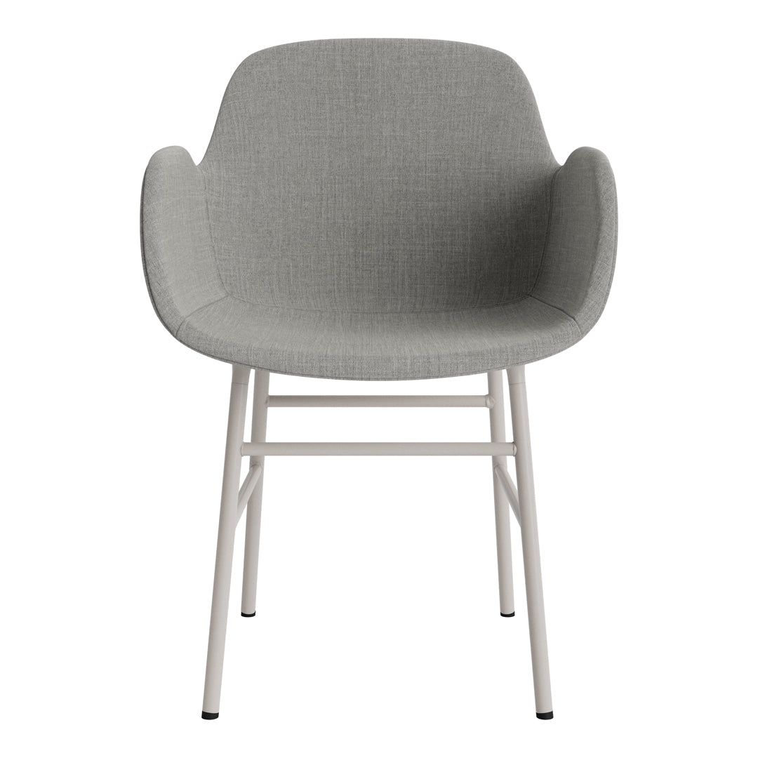Stylish gray armchair with a textured fabric pattern and sleek white metal legs, perfect for modern decor.
