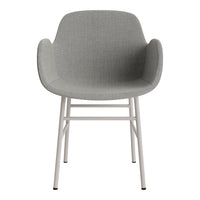 Stylish gray armchair with a textured fabric pattern and sleek white metal legs, perfect for modern decor.