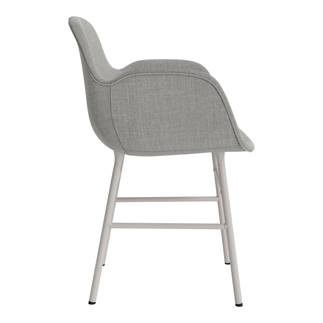 Gray upholstered chair with a sleek design and a light-colored metal frame, showcasing a minimalist aesthetic.