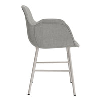Gray upholstered chair with a sleek design and a light-colored metal frame, showcasing a minimalist aesthetic.