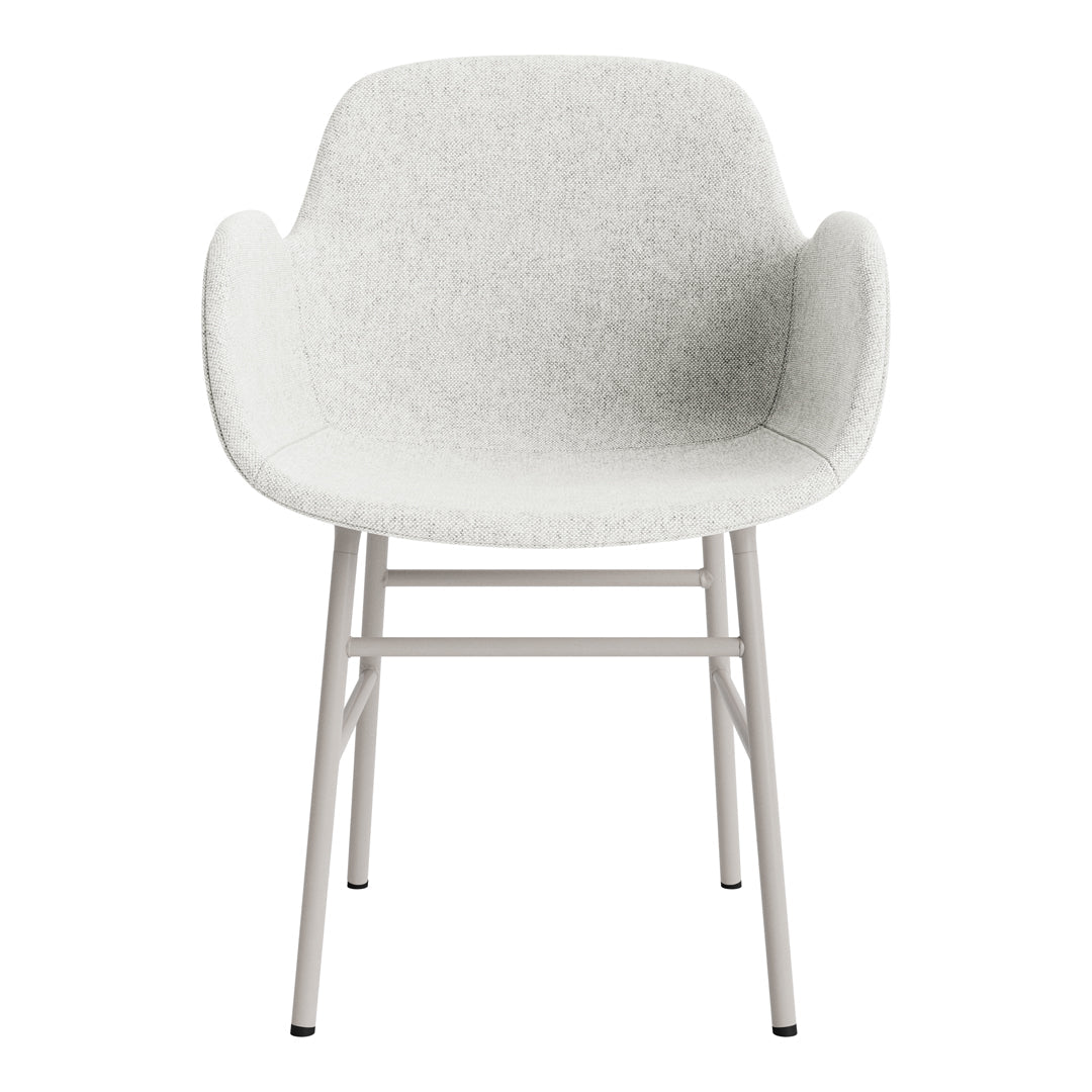 Light gray upholstered chair with subtle texture and white metal legs, perfect for modern decor.