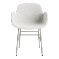 Light gray upholstered chair with subtle texture and white metal legs, perfect for modern decor.