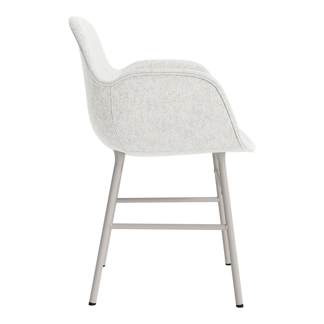 Chic white upholstered chair with a soft, textured finish and sleek silver metal legs. Perfect for modern decor.