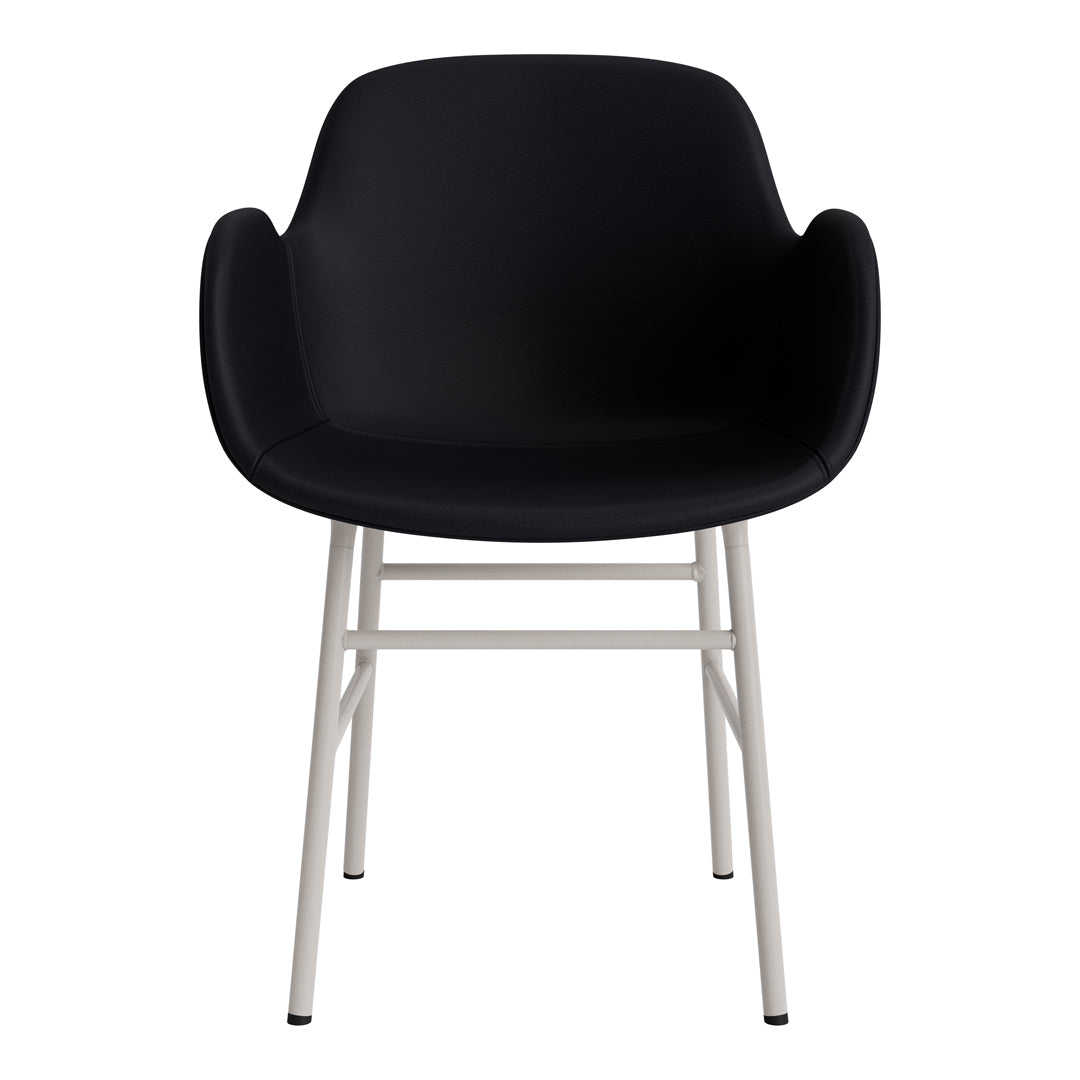 Stylish black chair with smooth curves and a minimalist white metal frame, perfect for modern decor.