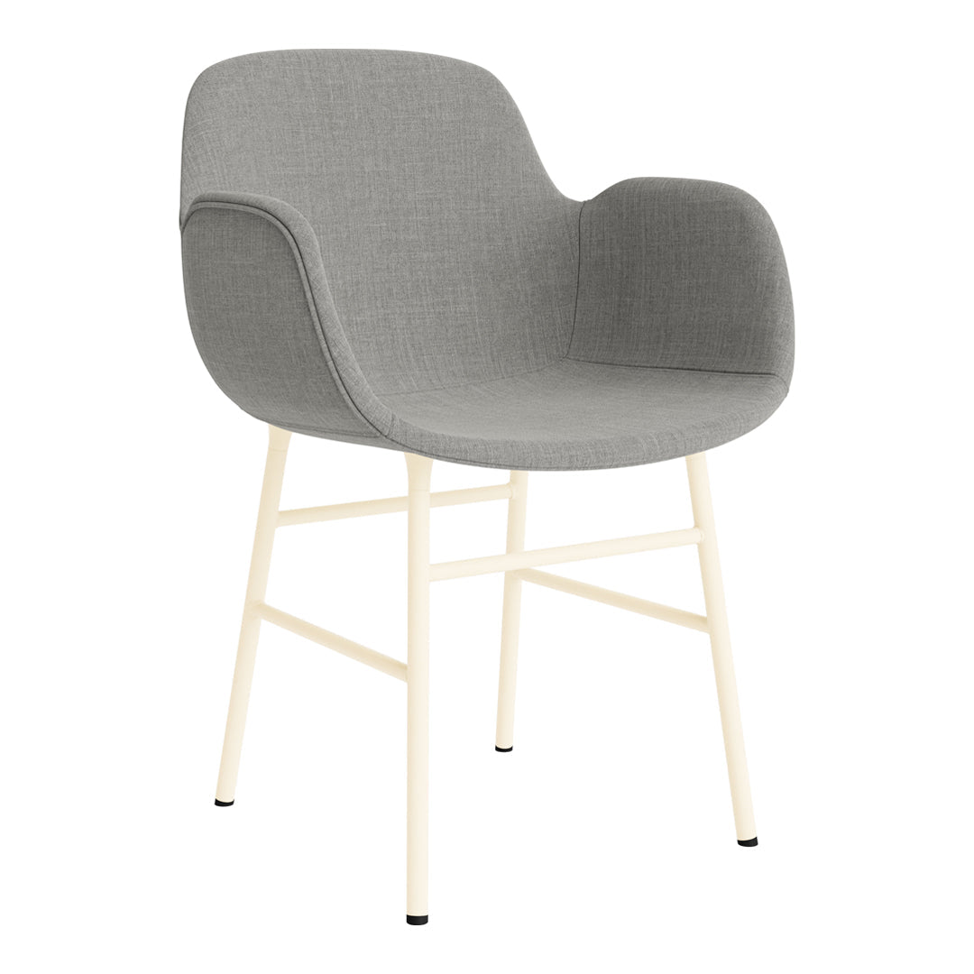 Gray upholstered chair with smooth, rounded arms and light beige metal legs, featuring a minimalist design.