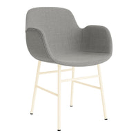 Gray upholstered chair with smooth, rounded arms and light beige metal legs, featuring a minimalist design.