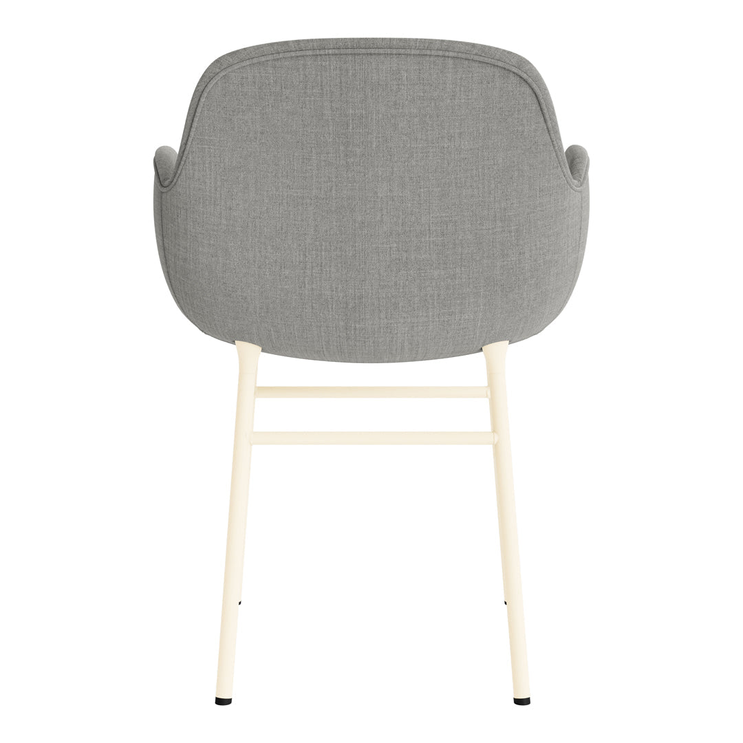 Gray upholstered chair with a textured pattern and light cream wooden legs, showcasing a modern design.