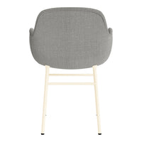Gray upholstered chair with a textured pattern and light cream wooden legs, showcasing a modern design.