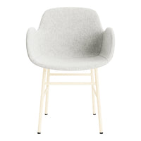 Light gray upholstered chair with a minimalist design and creamy white metal legs, perfect for modern interiors.