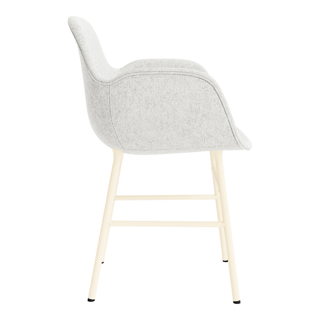 Light gray upholstered chair with a smooth texture and minimalistic white wooden legs. Perfect for contemporary decor.