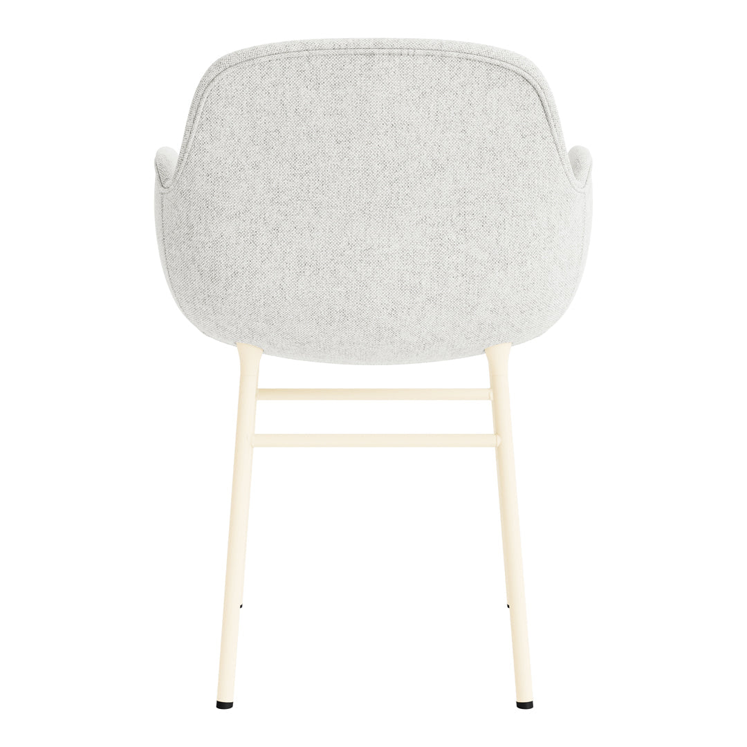 Light gray upholstered chair with a minimalist design and cream-colored legs. Clean, modern aesthetic.