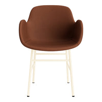 Brown upholstered chair with a modern design and cream-colored legs. Ideal for stylish indoor spaces.