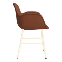 Brown upholstered chair with a smooth finish and cream-colored legs, featuring a minimalist modern design.
