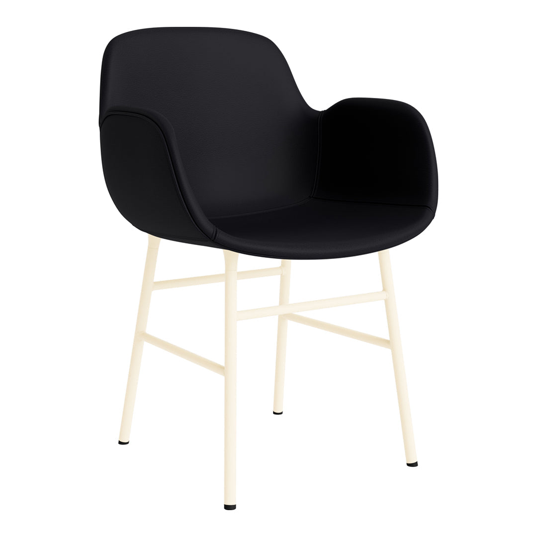 Black upholstered chair with a smooth finish and cream-colored metal legs, featuring a minimalist design.