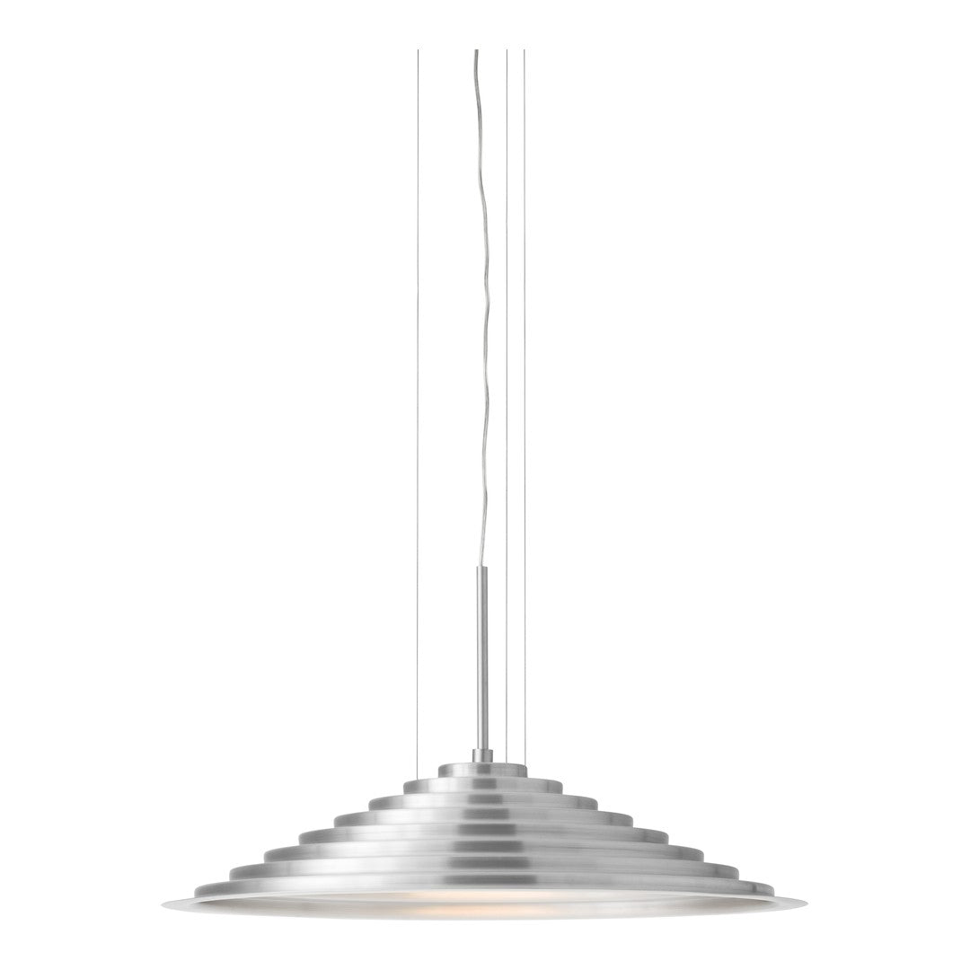 Silver pendant lamp with a layered, conical design showcasing a sleek, modern metallic finish and minimalist style.