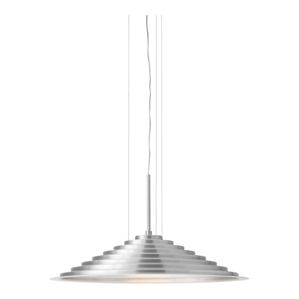 Silver pendant lamp with a layered, conical design showcasing a sleek, modern metallic finish and minimalist style.