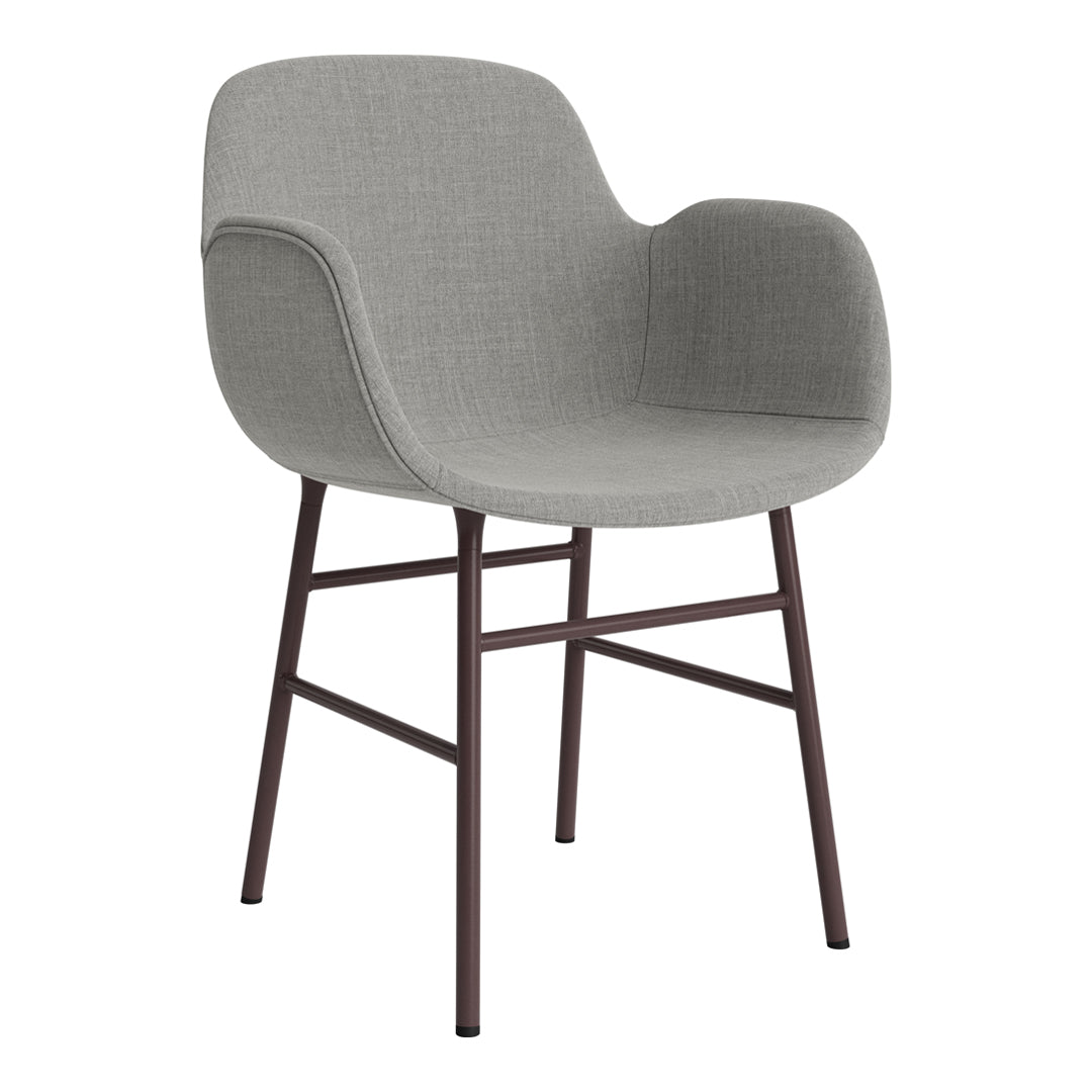 Gray upholstered chair with a smooth finish and sleek brown metal legs, perfect for modern decor.