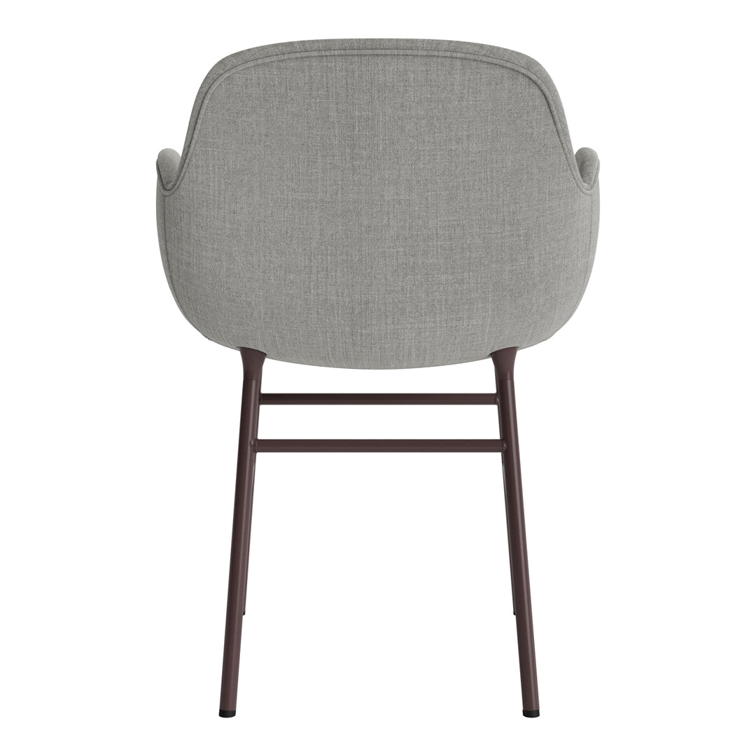 Gray upholstered chair with a smooth texture and brown wooden legs, showcasing a modern, minimalist design.