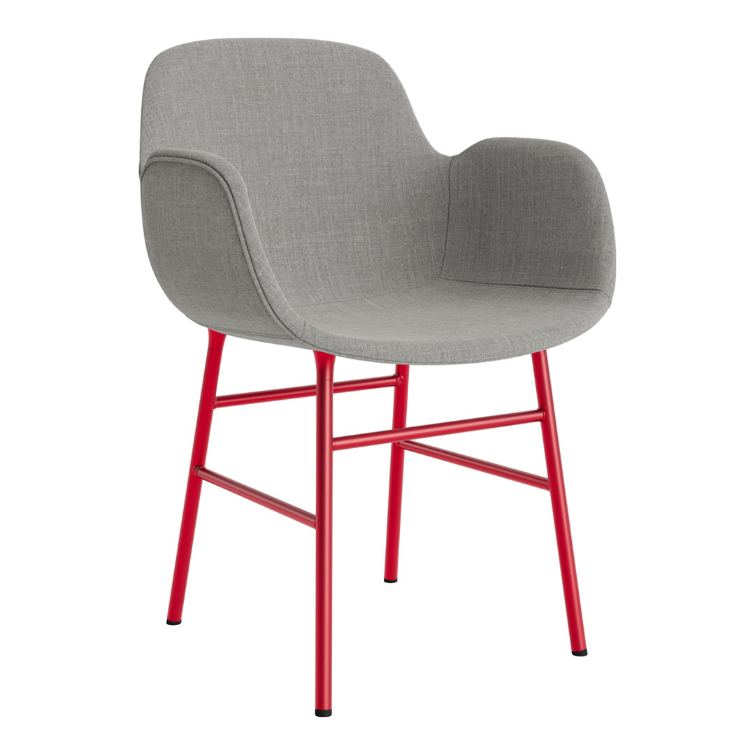 Gray upholstered chair with a modern design and vibrant red metal legs. Perfect for stylish interiors.