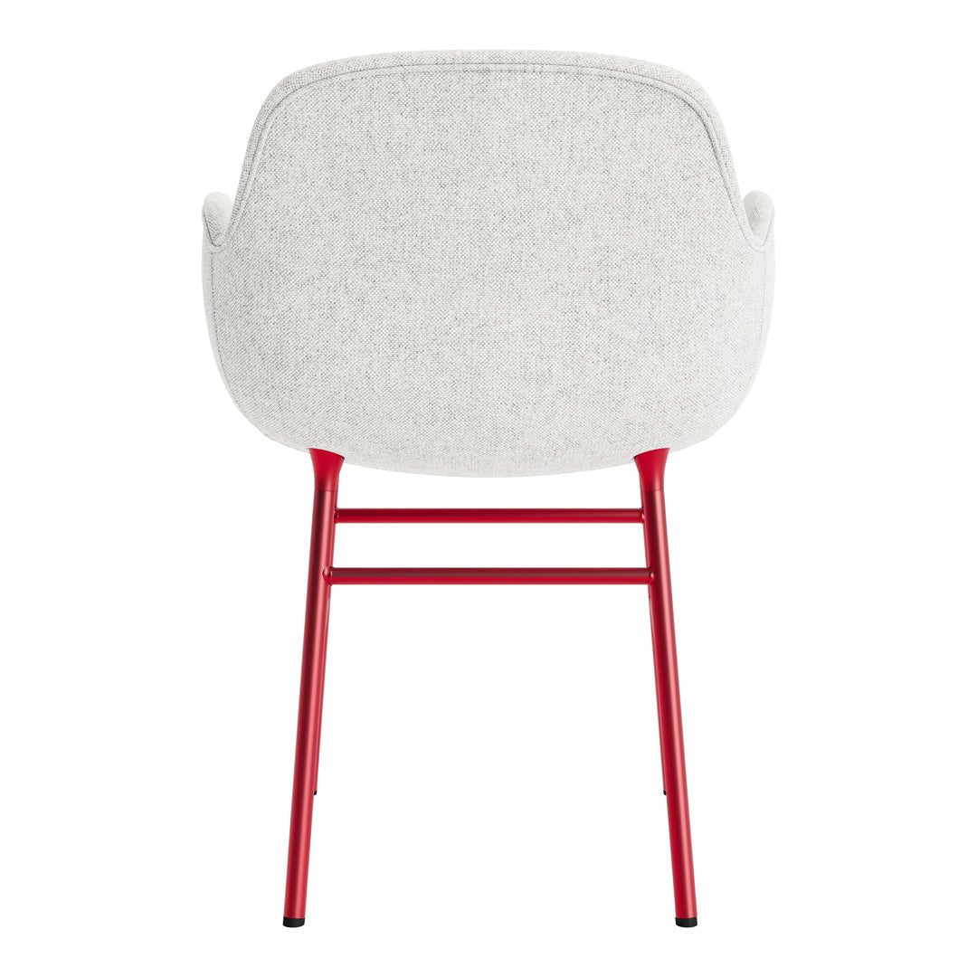Back view of a chair featuring a light gray fabric seat and vibrant red metal legs.