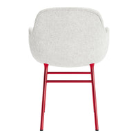 Back view of a chair featuring a light gray fabric seat and vibrant red metal legs.