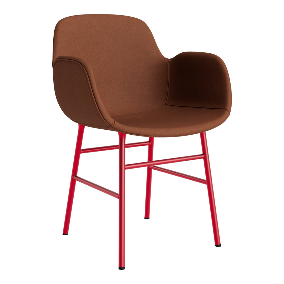 Brown upholstered chair with vibrant red metal legs, featuring a smooth, modern design.