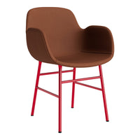 Brown upholstered chair with vibrant red metal legs, featuring a smooth, modern design.