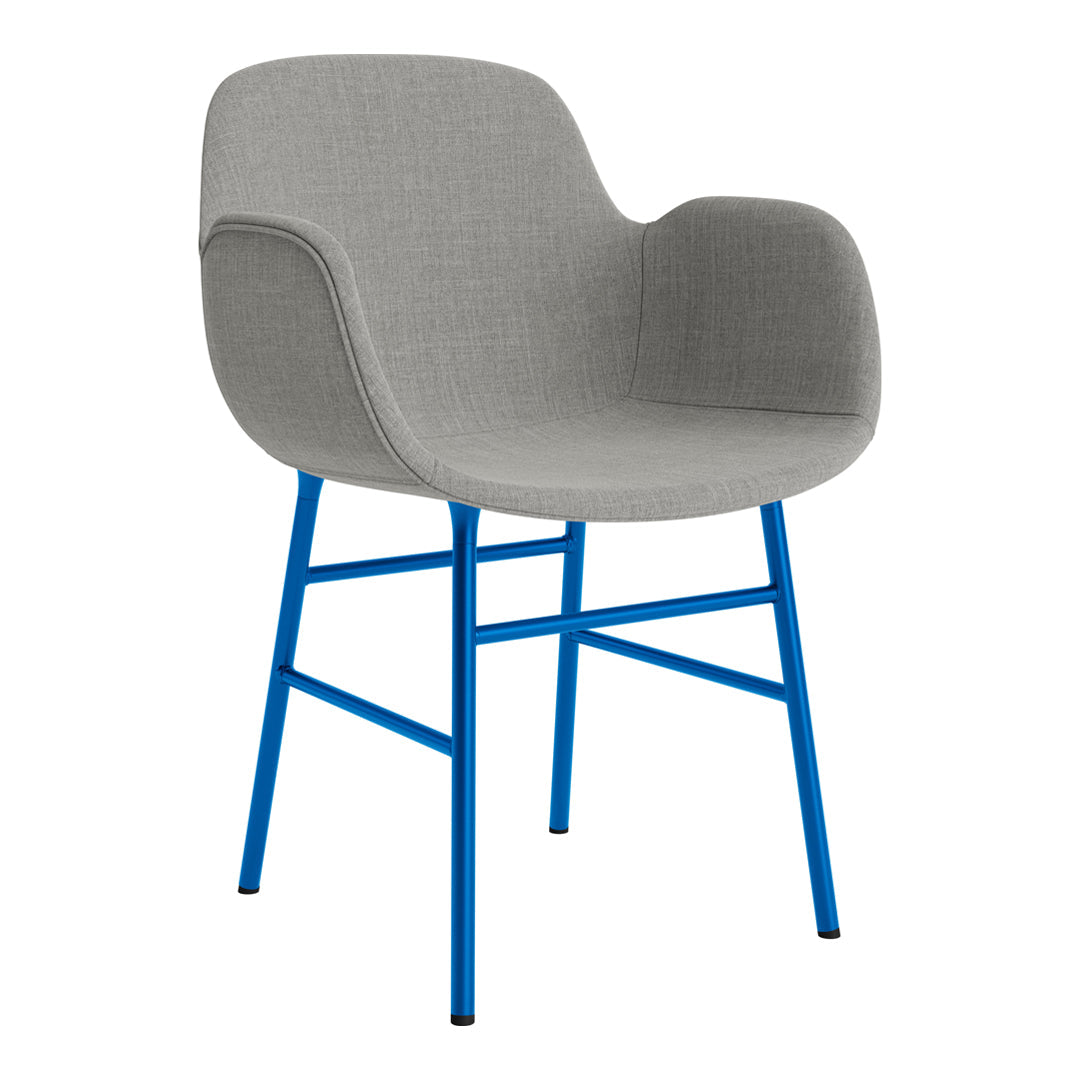 Gray upholstered chair with a modern design, featuring a vibrant blue metal frame and sleek lines.